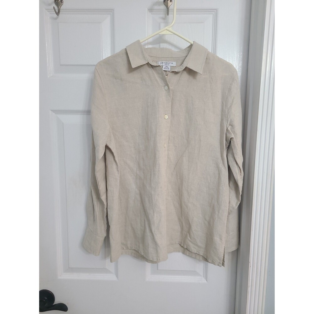 Liz Claiborne Lizsport Shirt Womens Beige Linen Button Front Long Sleeve PM